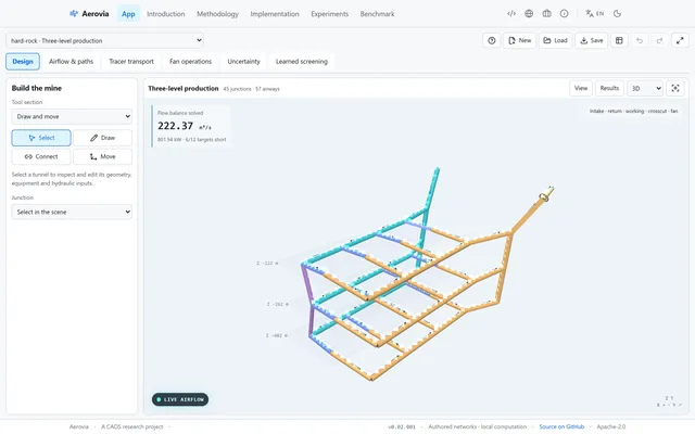 Aerovia, an Underground Ventilation Design and Analysis Workbench in the Browser