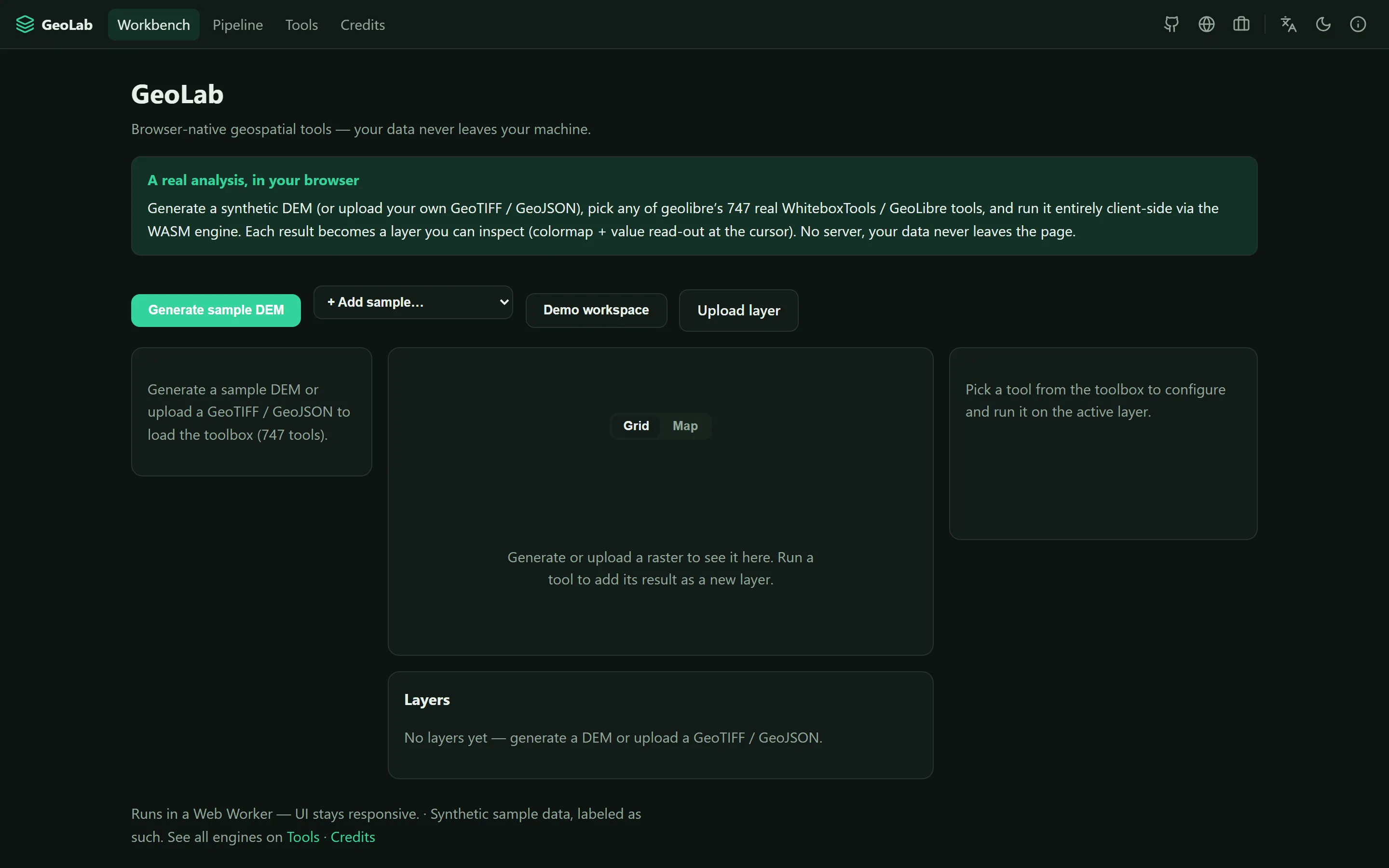 GeoLab — Browser-Native Multi-Engine Geospatial Tool Platform